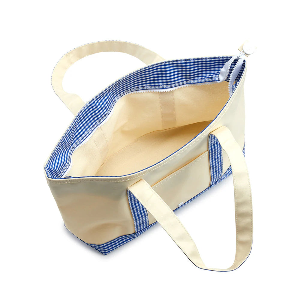 Custom Medium Tote - Coated canvas natural with gingham blue trim