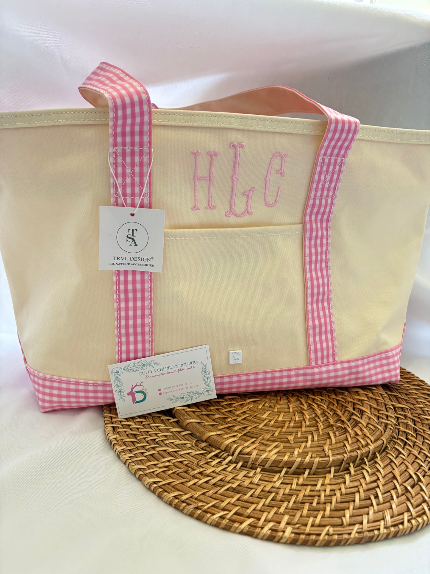 Custom Medium Tote - Coated Canvas Natural With Gingham Pink Trim