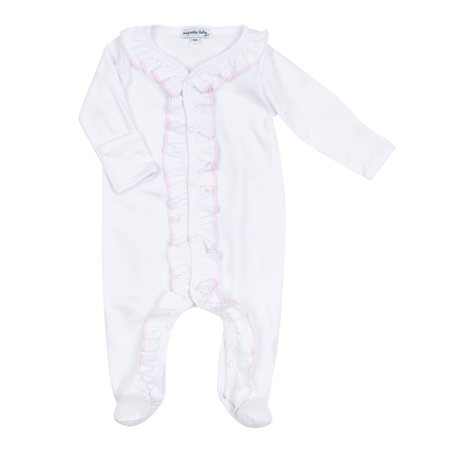 Newborn Solid Essentials White Pink Ruffle Footie (Magnolia Baby)