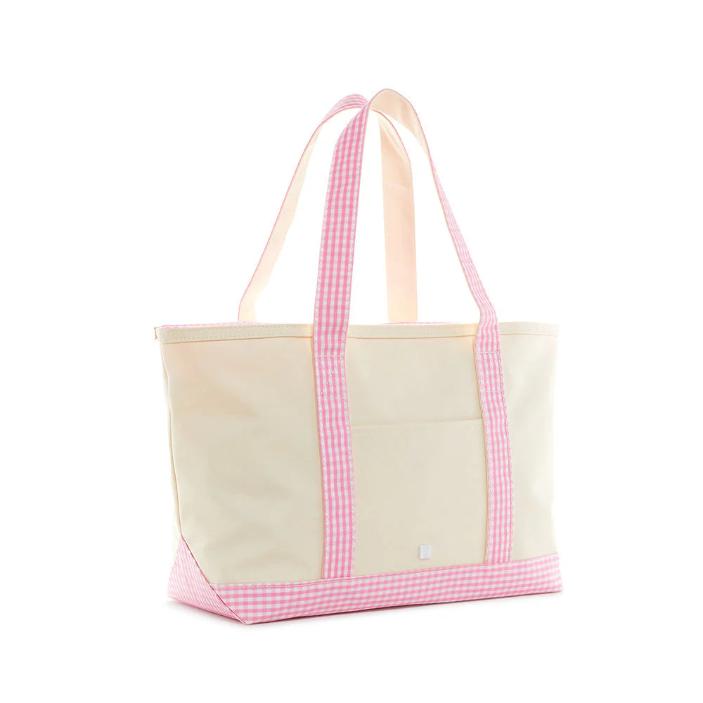 Custom Medium Tote - Coated Canvas Natural With Gingham Pink Trim