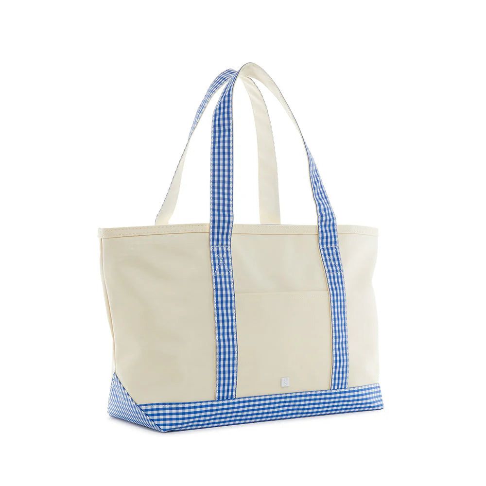 Custom Medium Tote - Coated canvas natural with gingham blue trim