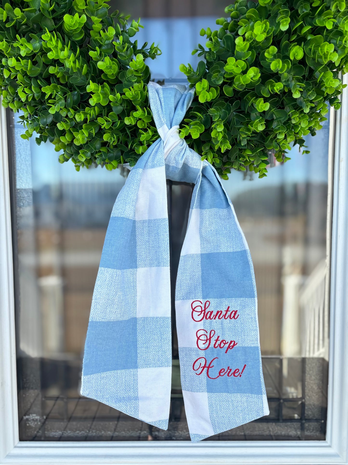 RTS - Gingham Santa Stop Here Wreath Sash