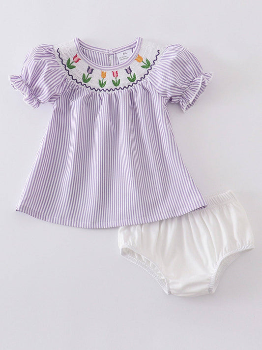Blue Stripe Flowers Smocked Baby Set